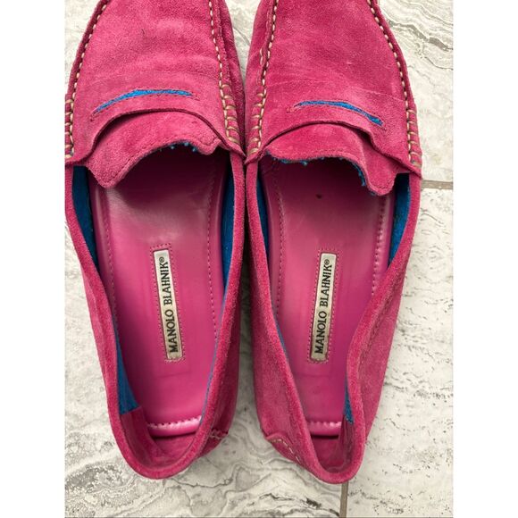 Manolo Blahnik Hot Pink & Blue Suede Driving Loafers, $995 Sz 38 - Picture 1 of 5